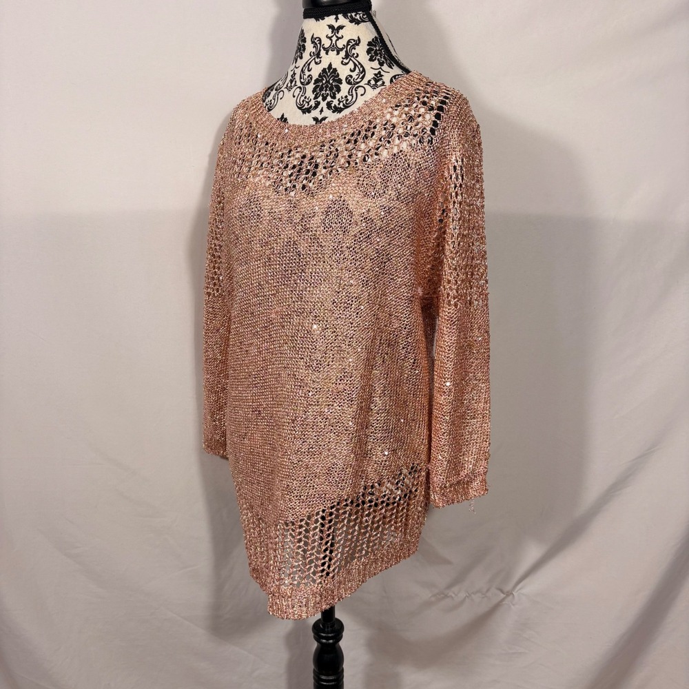 Lauren Michelle Rose Gold Metallic Sequin Open Knit Sweater XL 3/4 Sleeve